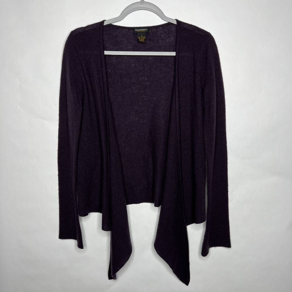 Philosophy 100% Cashmere Sweater Cardigan Womens Small Purple Open Front Draped